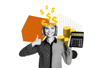 Exclusive art banner collage of happy businesswoman accountant hold calculator count dollar money sign income banker like gesture