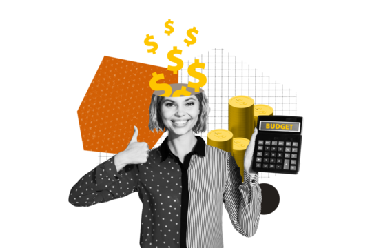 Exclusive art banner collage of happy businesswoman accountant hold calculator count dollar money sign income banker like gesture