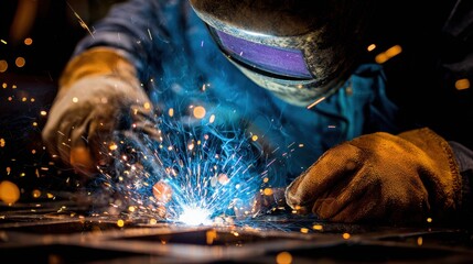 Professional welder in protective gear working on a metal piece, creating sparks and bright light in a dark industrial setting, showcasing craftsmanship and skill.