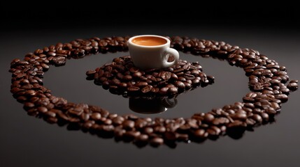 Exquisite Espresso Surrounded by Coffee Beans in Stunning Circle Design, Perfect for Gourmet Coffee Lovers and Beverage-Related Marketing