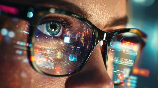 Introspective Vision: The captivating close-up of an eye peering through the glasses, the lenses mirror the complex world of information and technology.