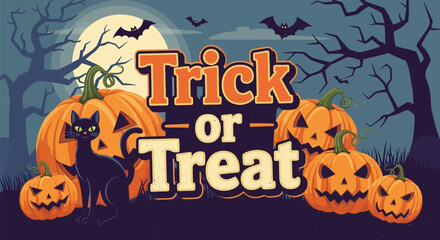 Halloween vector illustration featuring pumpkins, a black cat, and bats against a full moon backdrop