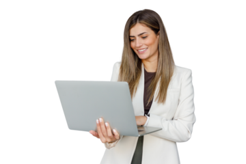 Young businesswoman standing smiling using laptop, working online, professional successful female with technology