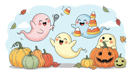 Cute Halloween Ghosts and Pumpkins with Candy Corn and Autumn Leaves in a Whimsical Illustration