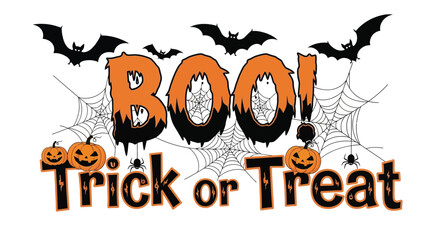 Halloween Boo! Trick or Treat Text with Bats, Spiders, Webs and Pumpkins - Festive Party Decoration