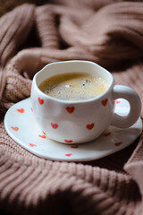 a cup of coffee, cozy background, cozy home, cozy autumn, flatlay