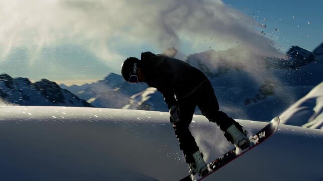 Professional snowboarder performing extreme jump trick in the alps