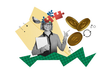 Composite photo collage of happy businesswoman cut head puzzle segment match plan coin income success idea isolated on painted background
