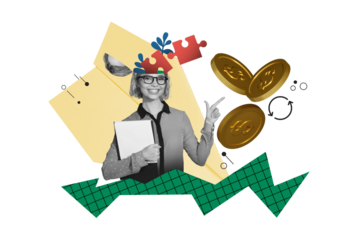 Composite photo collage of happy businesswoman cut head puzzle segment match plan coin income success idea isolated on painted background