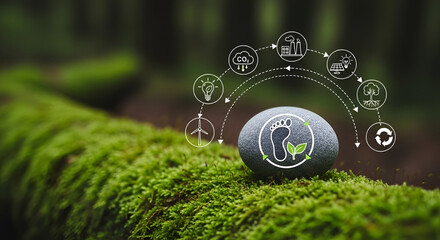 Footprint icon on stone with environmental icons in forest