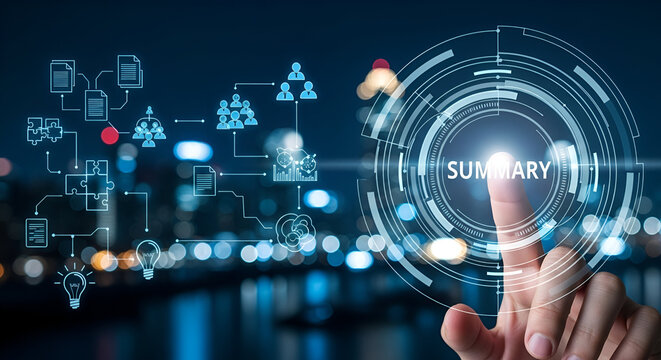 Finger touching summary button on digital interface with city background - Powered by Adobe