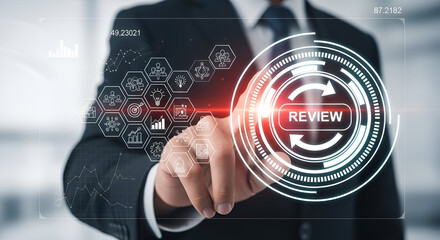 Man touches screen displaying review and business icons