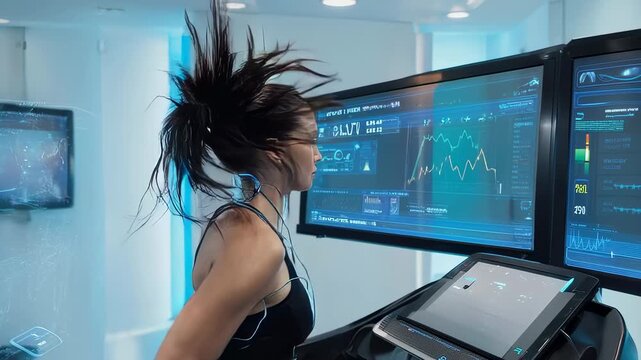 Athlete running on a futuristic treadmill for a performance test in a high tech sports lab