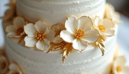Close view on a white multi layered wedding cake. Flowers and gold leaves made from sugar decorate cake tiers. Sweet dessert for party celebration or romantic occasion.