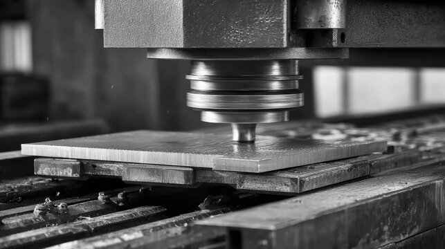 Precision machining process with a CNC milling machine working on a metal plate in a workshop environment, highlighting the advanced technology of manufacturing in black and white. - Powered by Adobe