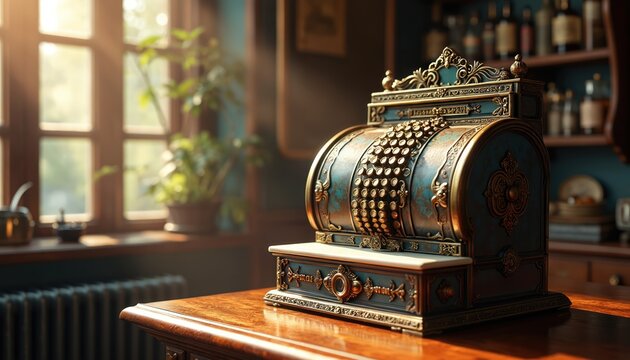 Old ornate cash register sits on wooden counter. Classic vintage device with detailed design. Warm sunlight illuminates interior with antique decor, traditional office furniture, unique style.