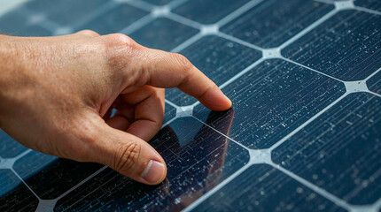 A person's hand gently touches a dusty solar panel, highlighting the textured surface and the intricate grid pattern.
