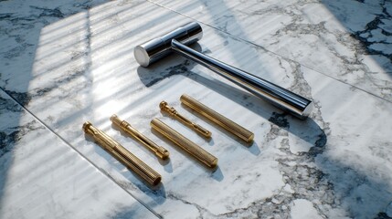 Elegant metallic hammer resting on a marble surface with various golden tools arranged beside it, reflecting a sophisticated workshop atmosphere in soft natural light.