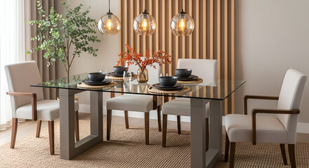 Modern Dining Room Set with Glass Table and Upholstered Chairs