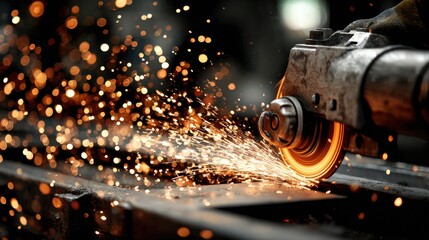 Close-Up of a Grinding Machine in Action Producing Sparks and Bright Light, Highlighting Industrial Work and Metal Processing Techniques in a Workshop Environment