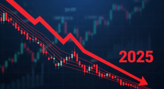 Dramatic red arrow plunges downward on stock chart with 2025 indicating financial crisis, recession, and market crash.