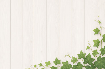 木目のある白い板と葉の背景素材　明る目の光彩