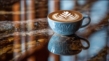 Artistic Latte with Leaf Design in Blue Cup on Elegant Marble Table Reflecting Colors and Textures, Perfect for Coffee Lovers and Culinary Art Enthusiasts