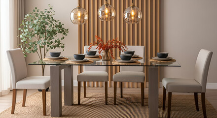 Fototapeta premium Modern dining room with glass table and upholstered chairs