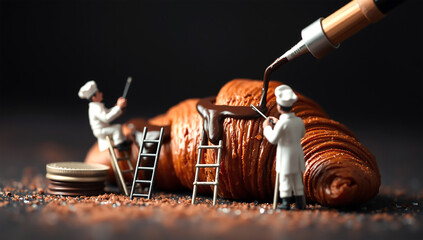 Miniature Chefs Decorating Pastry with Chocolate Sauce – Creative Food Art Concept