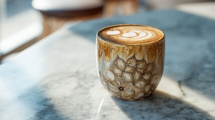 Beautifully Crafted Latte Art in Elegant Coffee Cup on a Marble Table, Showcasing Warm Tones and Textured Design in a Cozy Café Setting