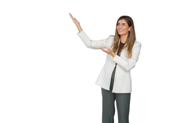 Businesswoman smiling, presenting invisible product, pointing finger, showing empty copy space, transparent background