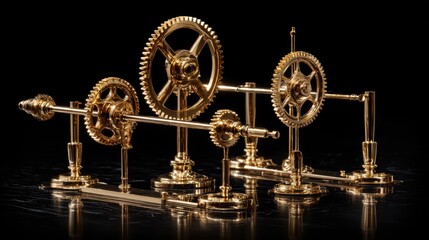 Elegant and Intricate Golden Gears with Precision Engineering on a Black Background, Showcasing Complex Mechanisms and Craftsmanship in a Stunning Display of Metalwork
