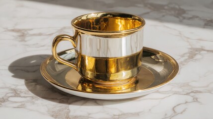 Elegant Gold Striped Coffee Cup and Saucer on Marble Surface with Natural Light, Perfect for Stylish Table Settings and Classy Tea Parties