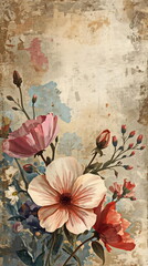 Textured vintage watercolor painting of delicate pink and peach cosmos flowers with buds