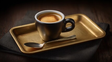 Elegant espresso cup on a golden tray with a sleek silver spoon, perfect for showcasing coffee culture and gourmet experiences in a stylish presentation.
