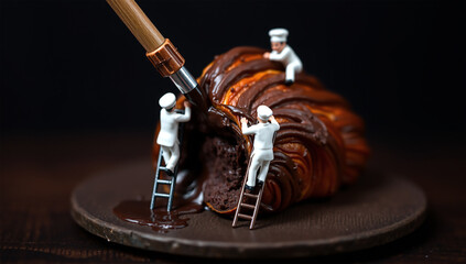 Miniature Chefs Decorating Pastry with Chocolate Sauce – Creative Food Art Concept
