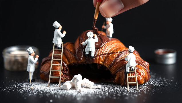 Miniature Chefs Decorating Pastry with Chocolate Sauce – Creative Food Art Concept - Powered by Adobe