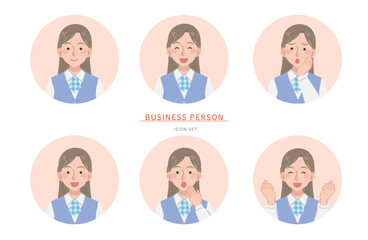 事務員女性の様々な表情のアイコンセット