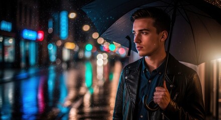 Fototapeta premium Young man with umbrella walking through vibrant city streets at night during a gentle rain shower, reflecting colorful neon lights on wet pavement