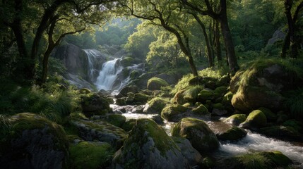 Tranquil Waterfall Flowing Through a Lush Green Forest Surrounded by Moss-Covered Rocks and Vibrant Foliage in Soft Morning Light