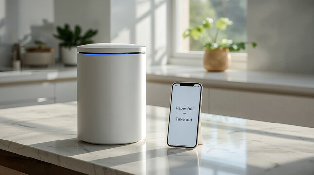A smart home device and smartphone display "Paper full" notification, suggesting a need for maintenance, in a clean, modern kitchen.