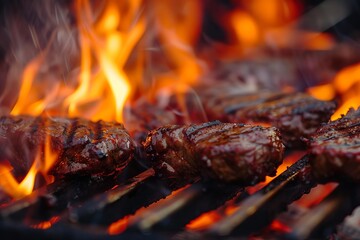 Delicious steaks grilling over flames on a barbecue, creating a mouthwatering scene of outdoor cooking