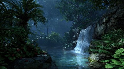 Serene Waterfall in a Lush Jungle Surrounded by Dense Foliage and Mystical Mist, Capturing the Essence of Remote Nature in a Tranquil Setting