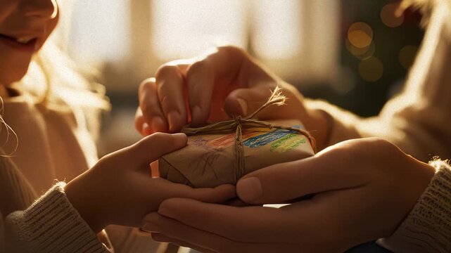 Adult Hands Present Gift to Child Near Christmas Tree Indoors