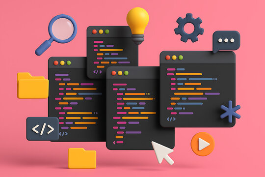 Colorful 3D depiction of multiple coding windows and tech symbols like light bulb, folder, magnifying glass, gear, chat, cursor, code tags, and play button