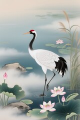 Obraz premium Gongbi style painting in the high court style, depicting a red-crowned crane among misty lakes, fine brushwork and soft mineral tones symbolizing grace and immortality.