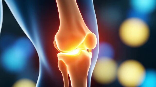 Anatomical illustration of a glowing human knee joint
