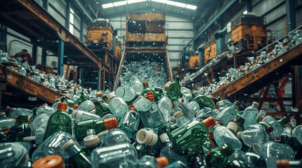 A vast pile of glass bottles, both clear and green, cascades down a conveyor belt in a recycling plant. The industrial setting is visible in the background.