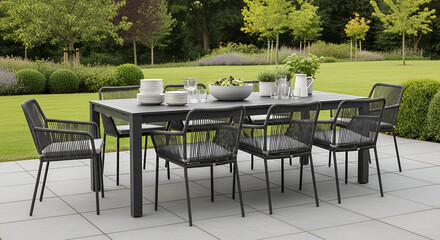 Outdoor dining table and chairs set in a garden patio