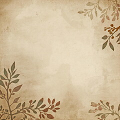 Faded sepia toned background with muted botanical floral branch elements in corners